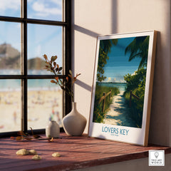 Lovers Key Florida Poster | Tropical Nature Path Canvas Print displayed on a wooden shelf with a scenic beach view.