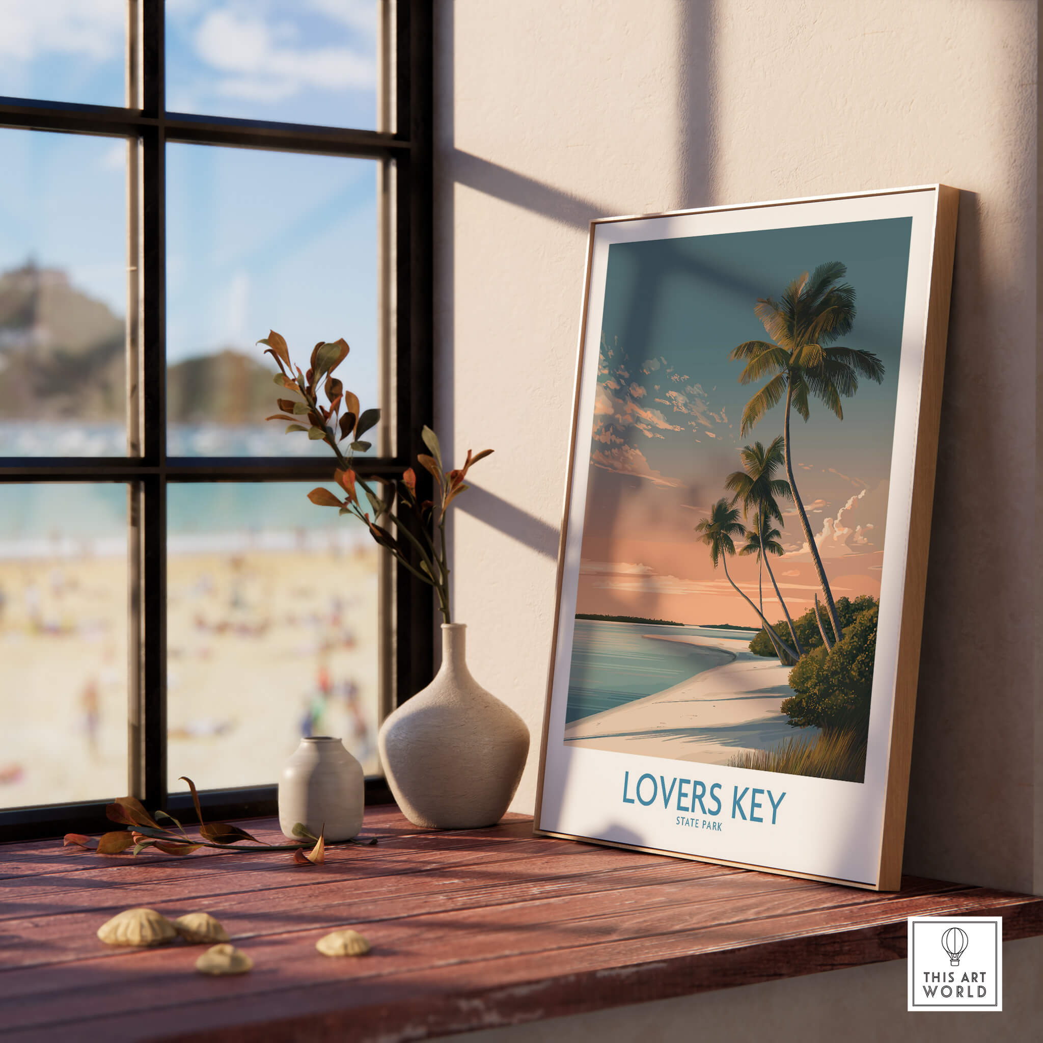 Lovers Key Canvas Print | Florida Gulf Coast Beach Poster showcased on a wooden table beside a window with beach view.