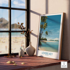 Lovers Key Poster | Florida Canvas Print displayed in a sunlit room with beach view and vibrant palm trees.