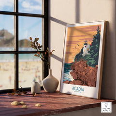 Framed Acadia National Park art print with lighthouse on rocky coast by sunny window