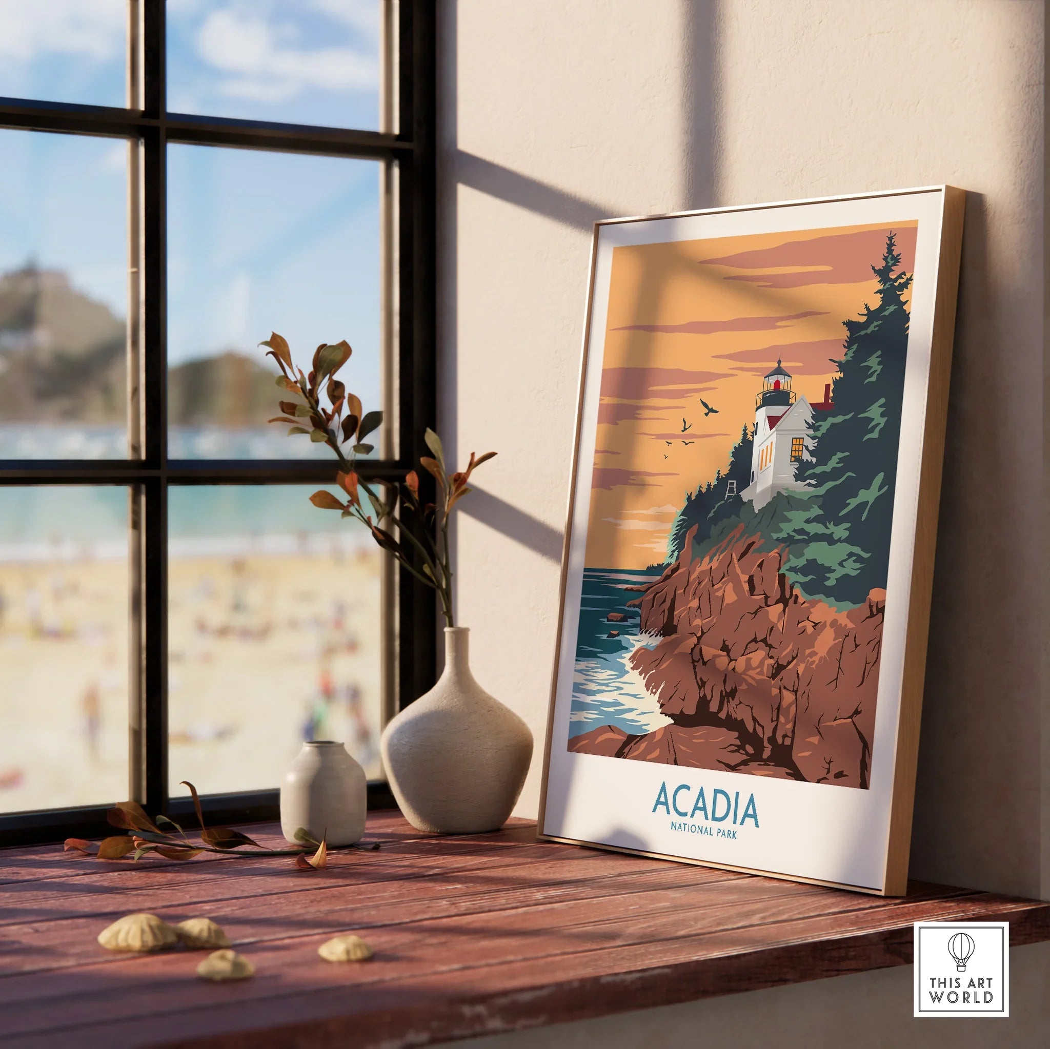 Framed Acadia National Park art print with lighthouse on rocky coast by sunny window