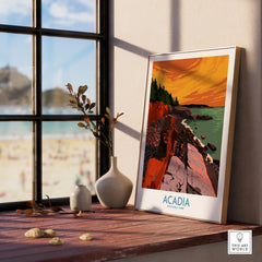 Acadia National Park print in natural wood frame on windowsill, coastal landscape art decor