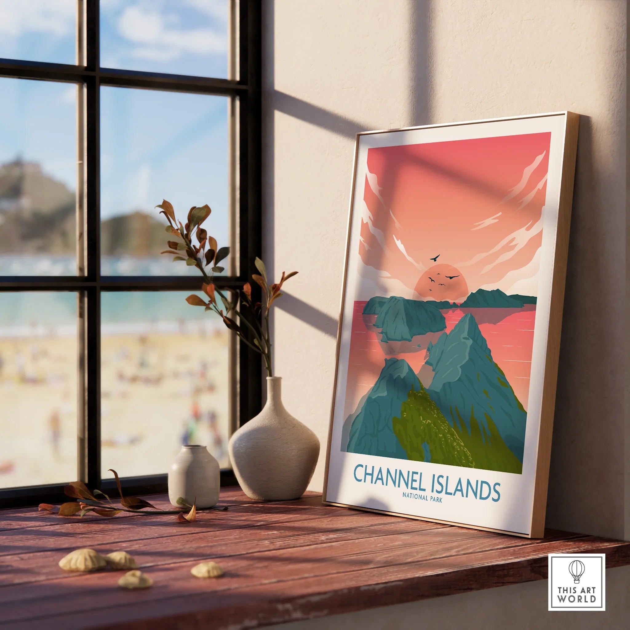 Framed Channel Islands National Park art print with sunset colors on a windowsill decor.