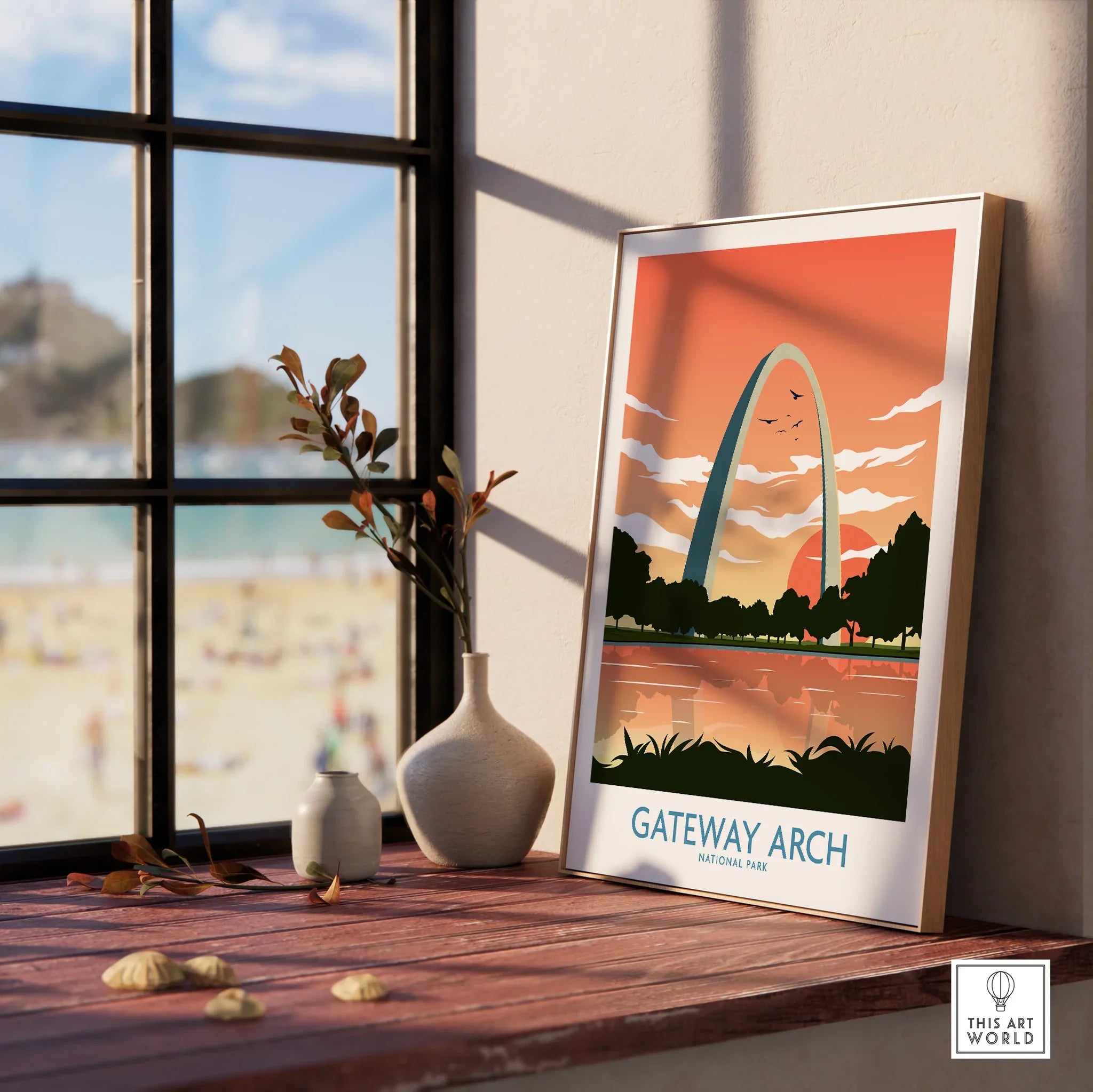 Gateway Arch framed print on windowsill with vase, sunset art, modern home decor