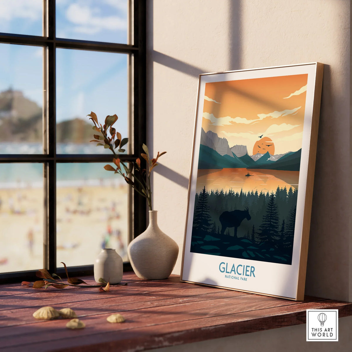 Framed Glacier National Park poster with sunset landscape on window ledge, modern home decor