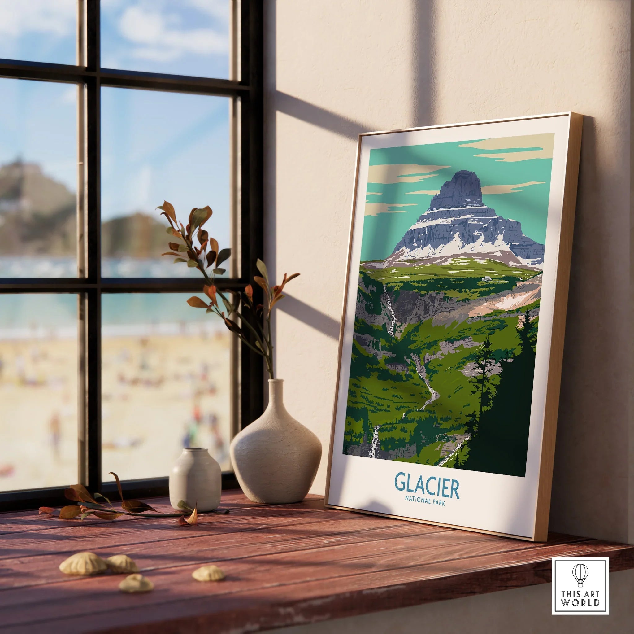 Framed Glacier National Park print on window sill with vases and scenic mountain artwork
