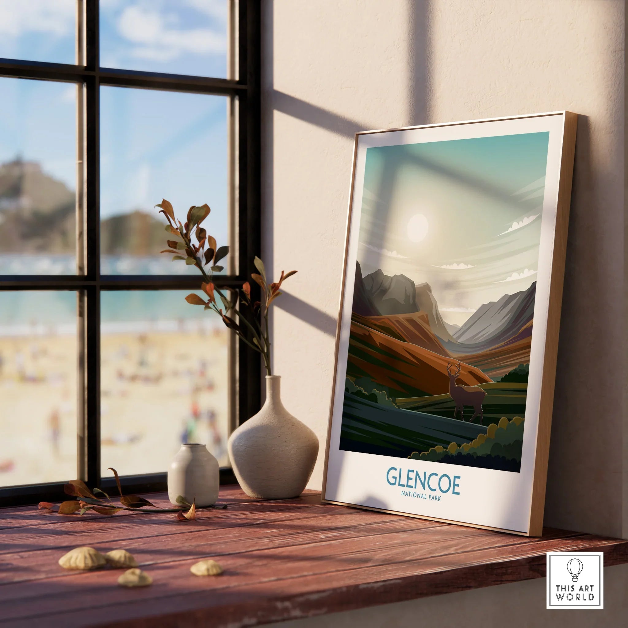 Glencoe National Park art print in wood frame on windowsill with vases and scenic view