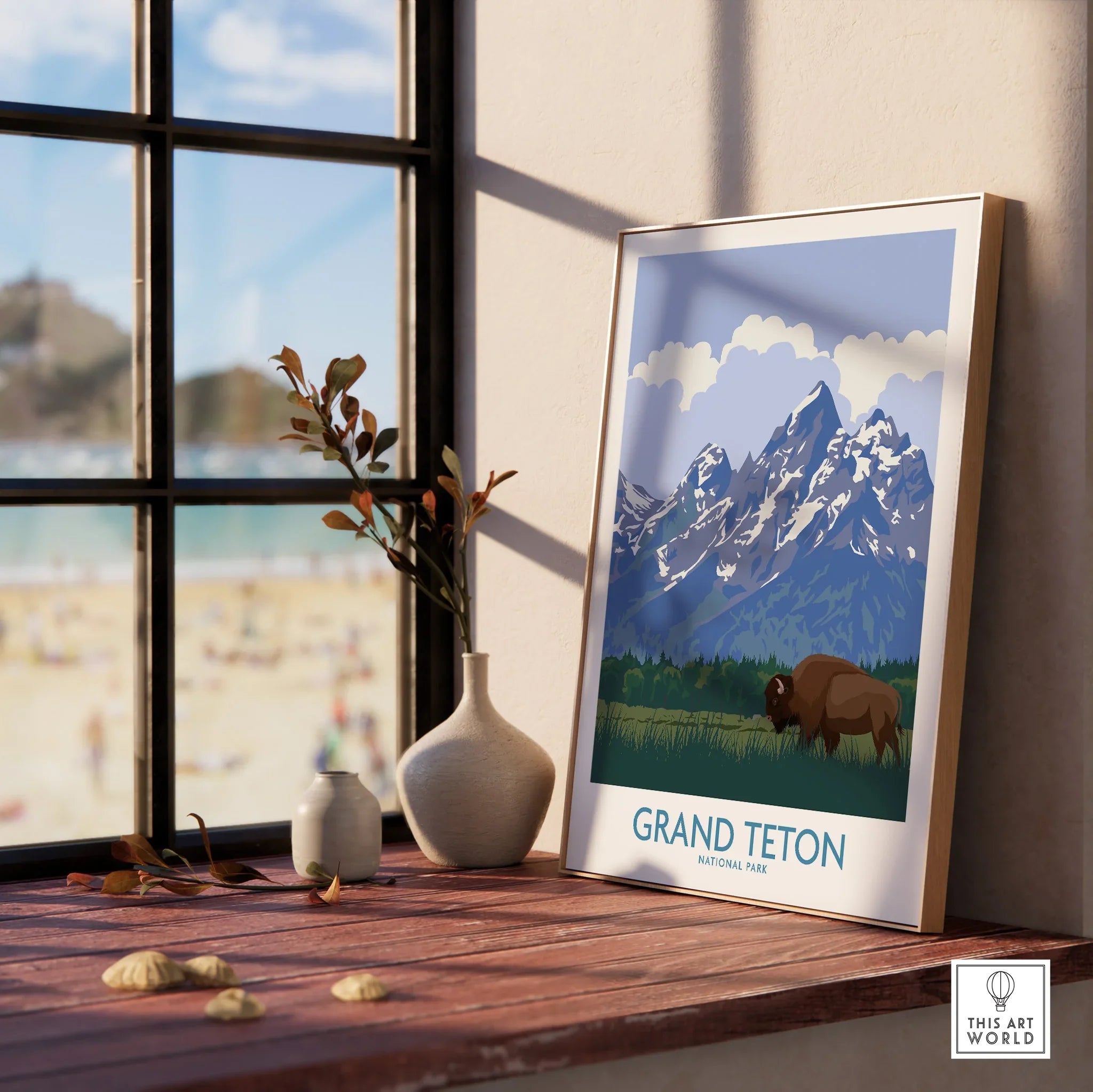 Framed Grand Teton National Park print with bison, styled on windowsill decor.