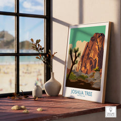 Framed Joshua Tree National Park travel poster on windowsill with natural light and vases