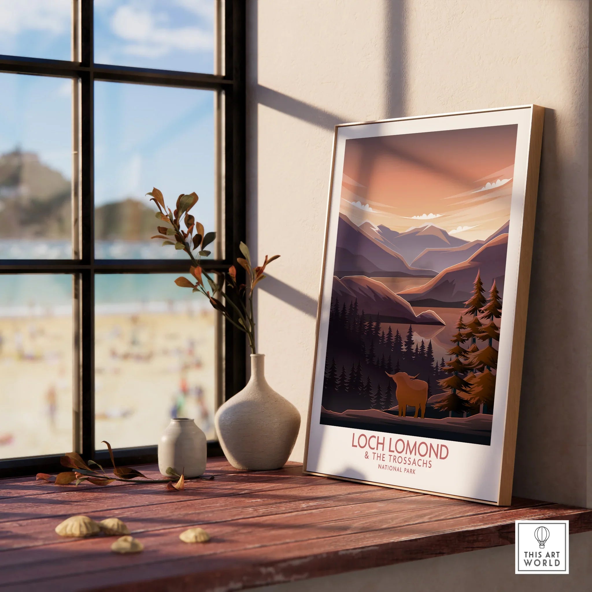 Loch Lomond National Park art print in wood frame on window sill with vases, scenic decor