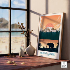 Framed Mount Rainier National Park travel poster with bear and mountain, window sunlight.