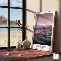 Framed New Forest National Park travel poster on windowsill with vases and scenic view