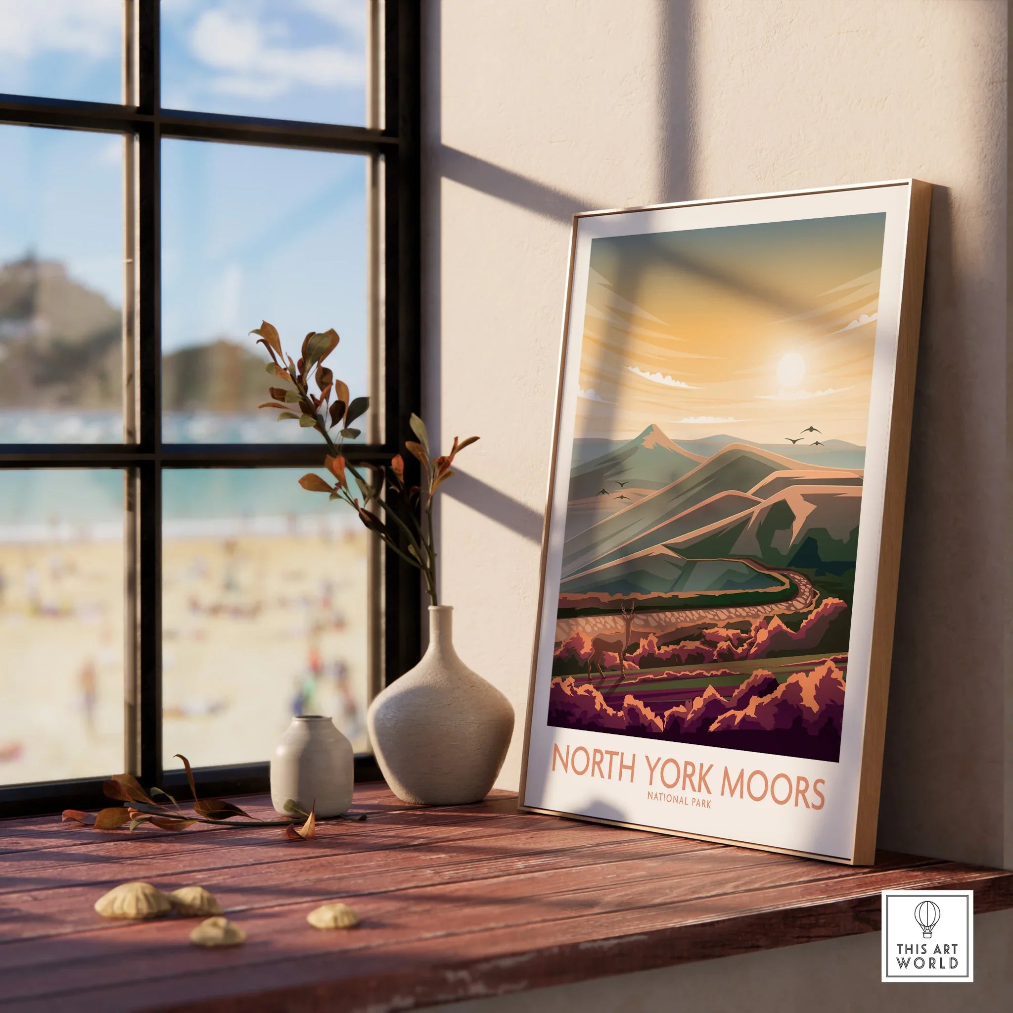 North York Moors travel poster print in natural wood frame on sunny windowsill with vases