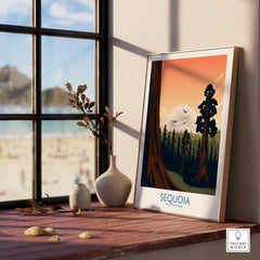 Sequoia National Park framed print with sunset illustration on a windowsill by decorative vases