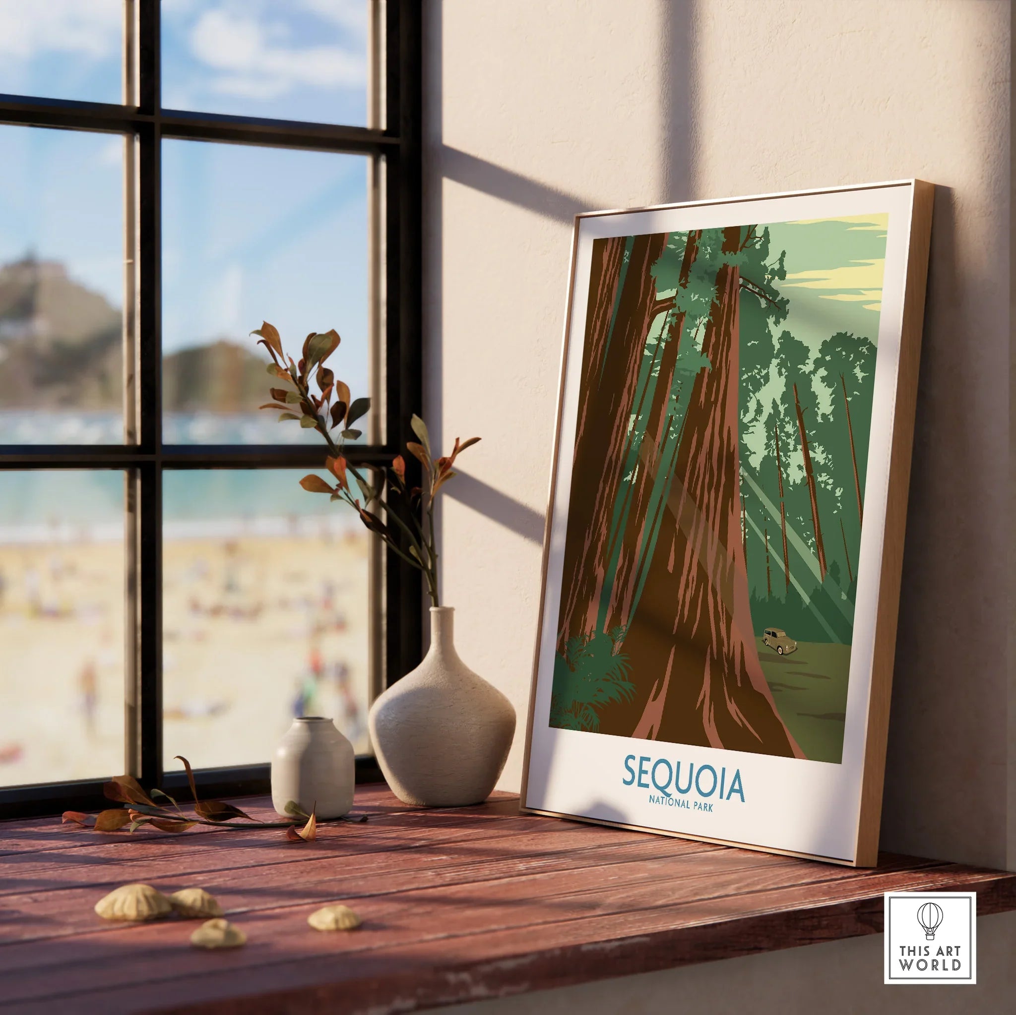 Framed Sequoia National Park print on windowsill with natural wood frame and vases