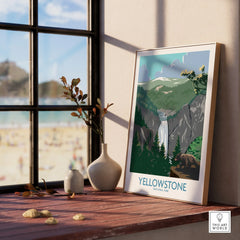 Yellowstone National Park framed art print on window sill, with nature scene and vases