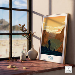 Framed Zion National Park art print on windowsill with vases and scenic landscape design