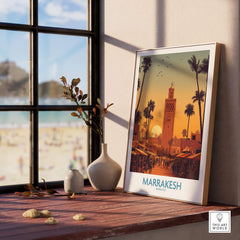 Marrakesh Morocco Posters | Historic Medina Sunset Canvas Print displayed in a cozy interior setting with a beach view.