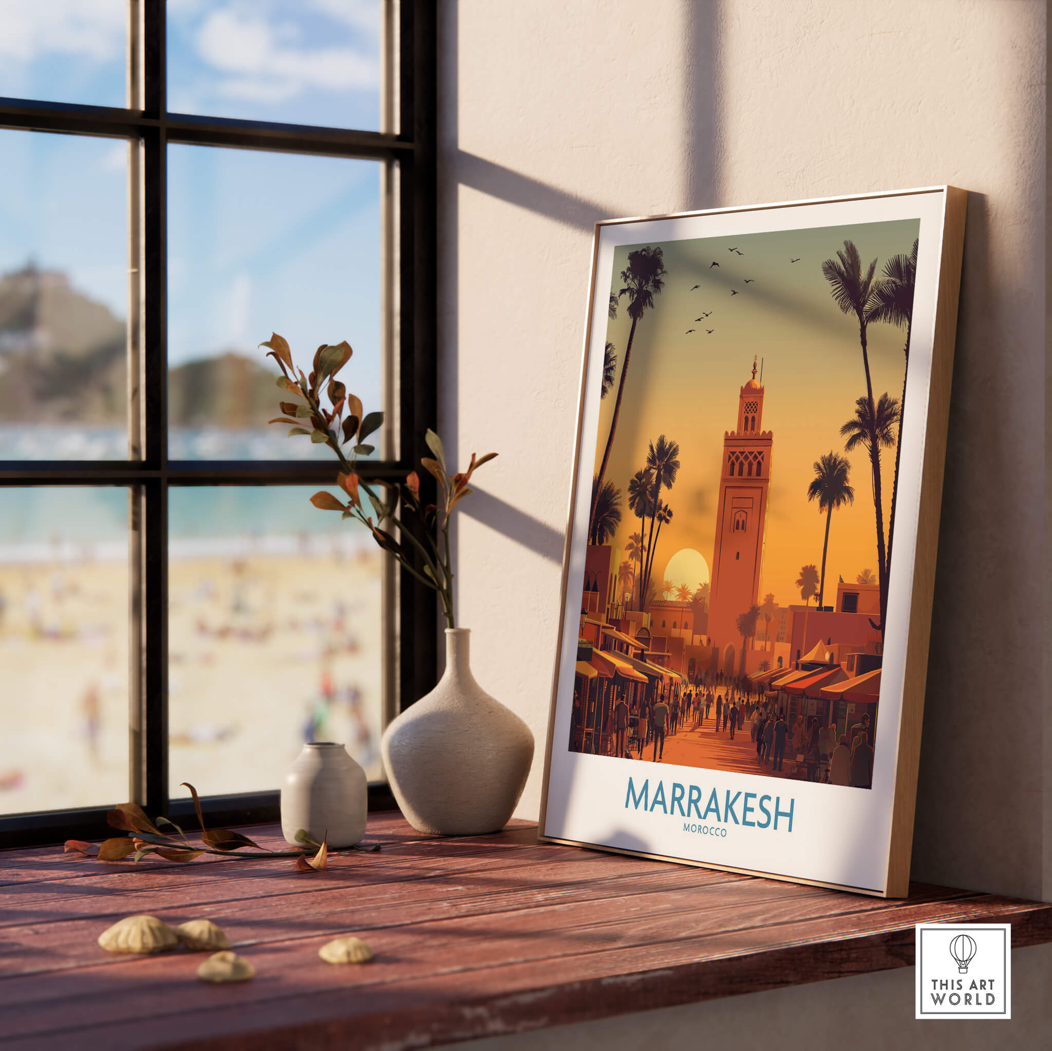 Marrakesh Morocco Posters | Historic Medina Sunset Canvas Print displayed in a cozy interior setting with a beach view.