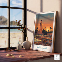 Marrakesh Morocco Canvas Art Print | Jemaa el-Fnaa Market Scene Poster displayed in an elegant room setting