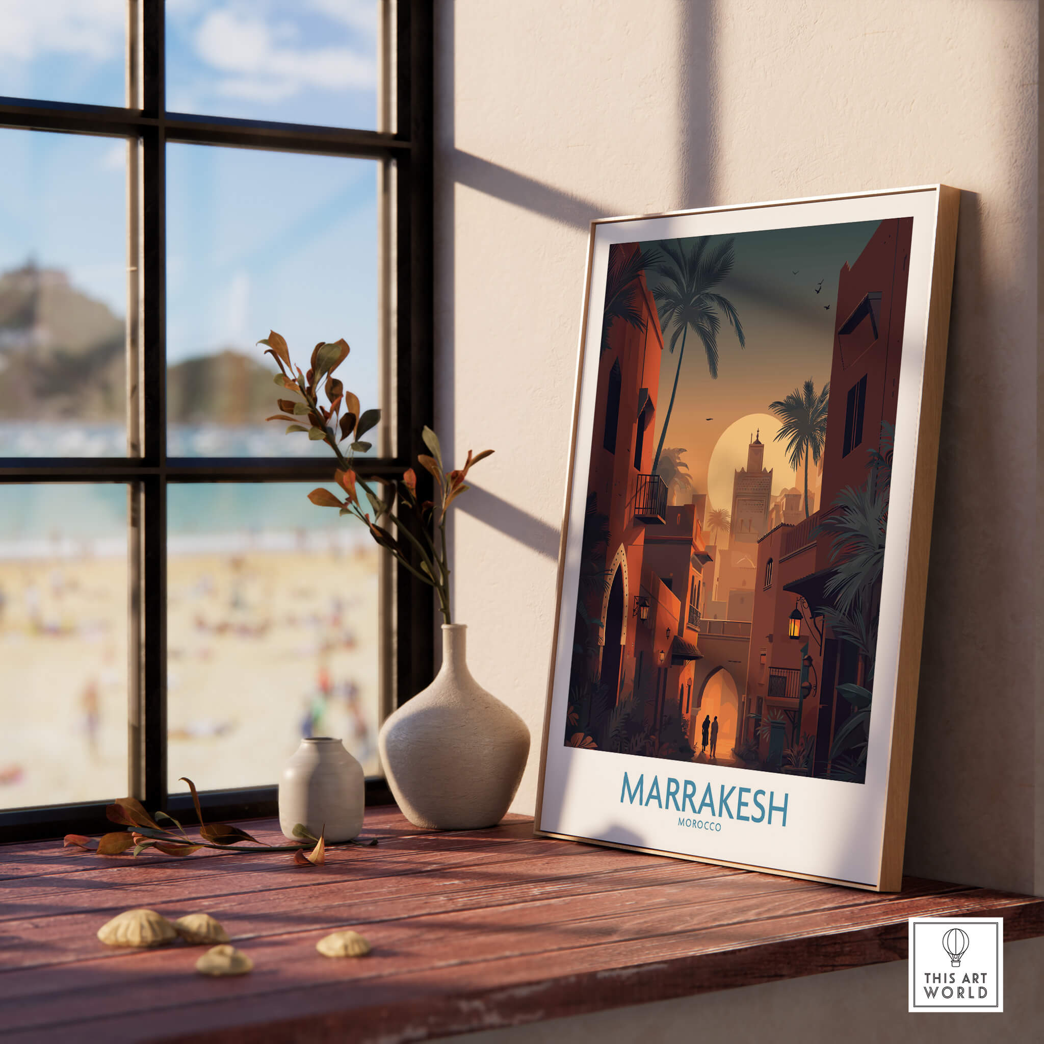 Marrakesh Morocco Poster | Romantic Moroccan Twilight Canvas Print displayed on a windowsill with beach view.