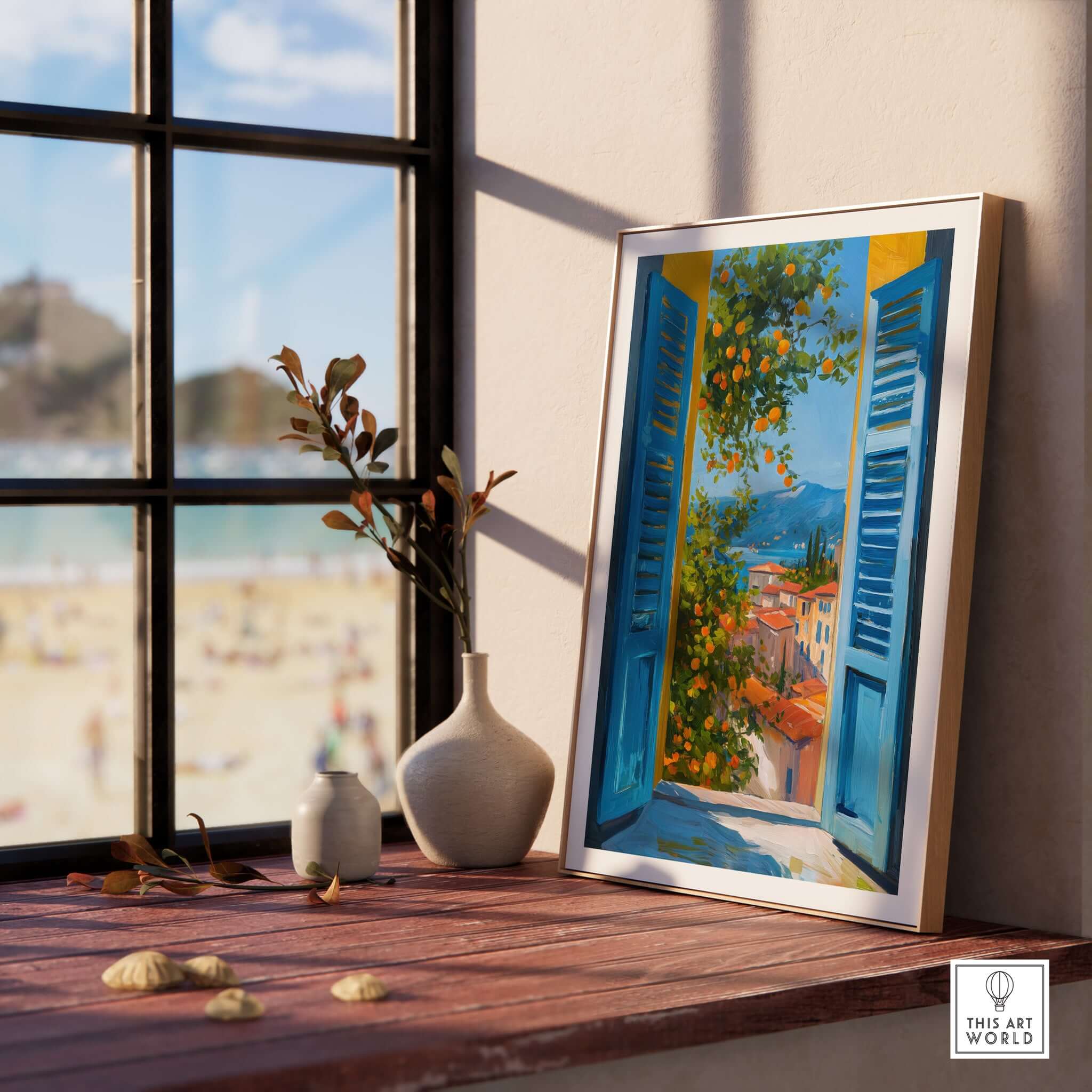 Matisse Open Window Art Print | French Riviera Sea View Poster displayed in a sunlit room with a beach view.