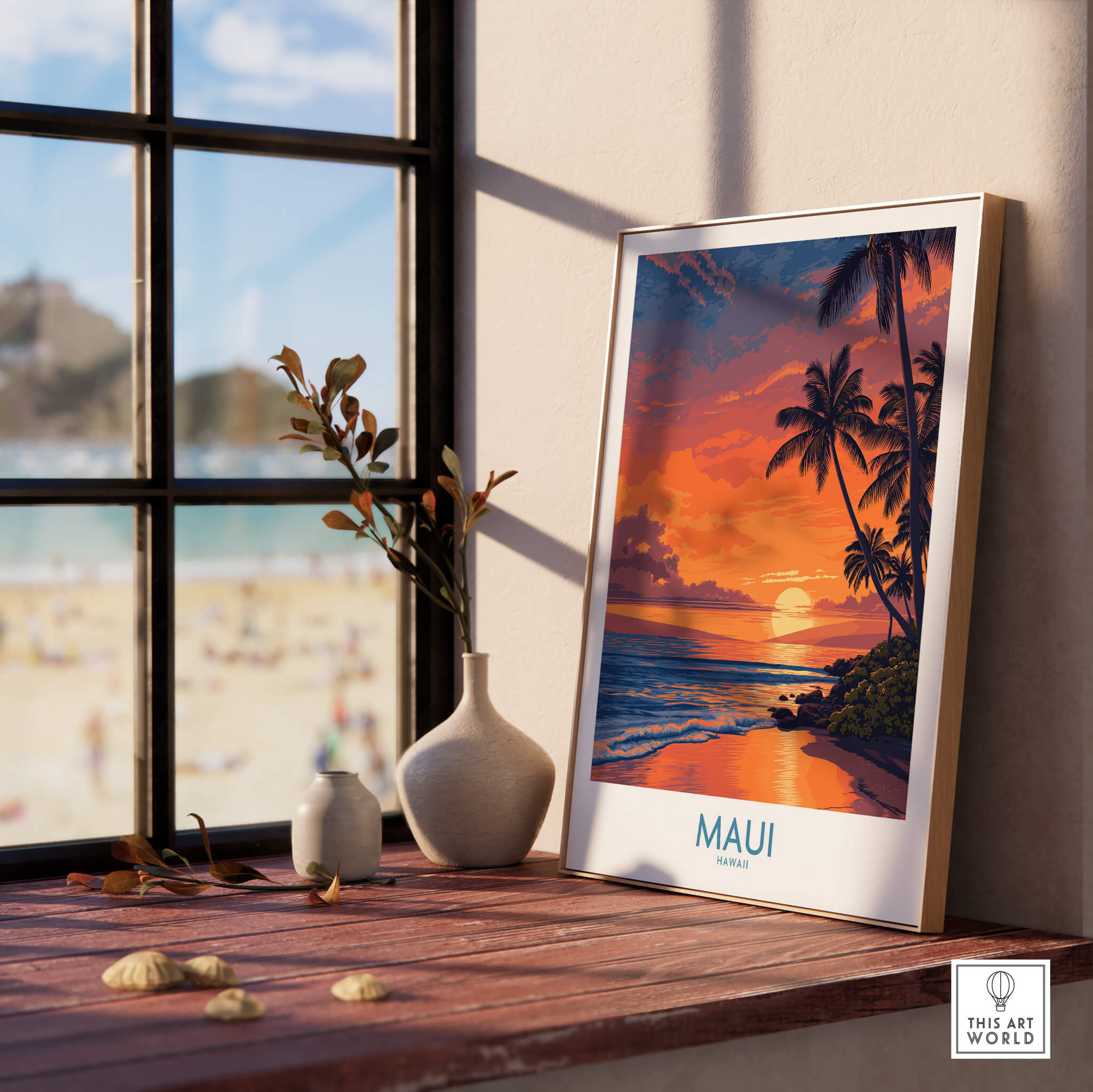 Maui Hawaii Canvas Print | Serene Tropical Beach Landscape Poster displayed on a windowsill with a sunset view.
