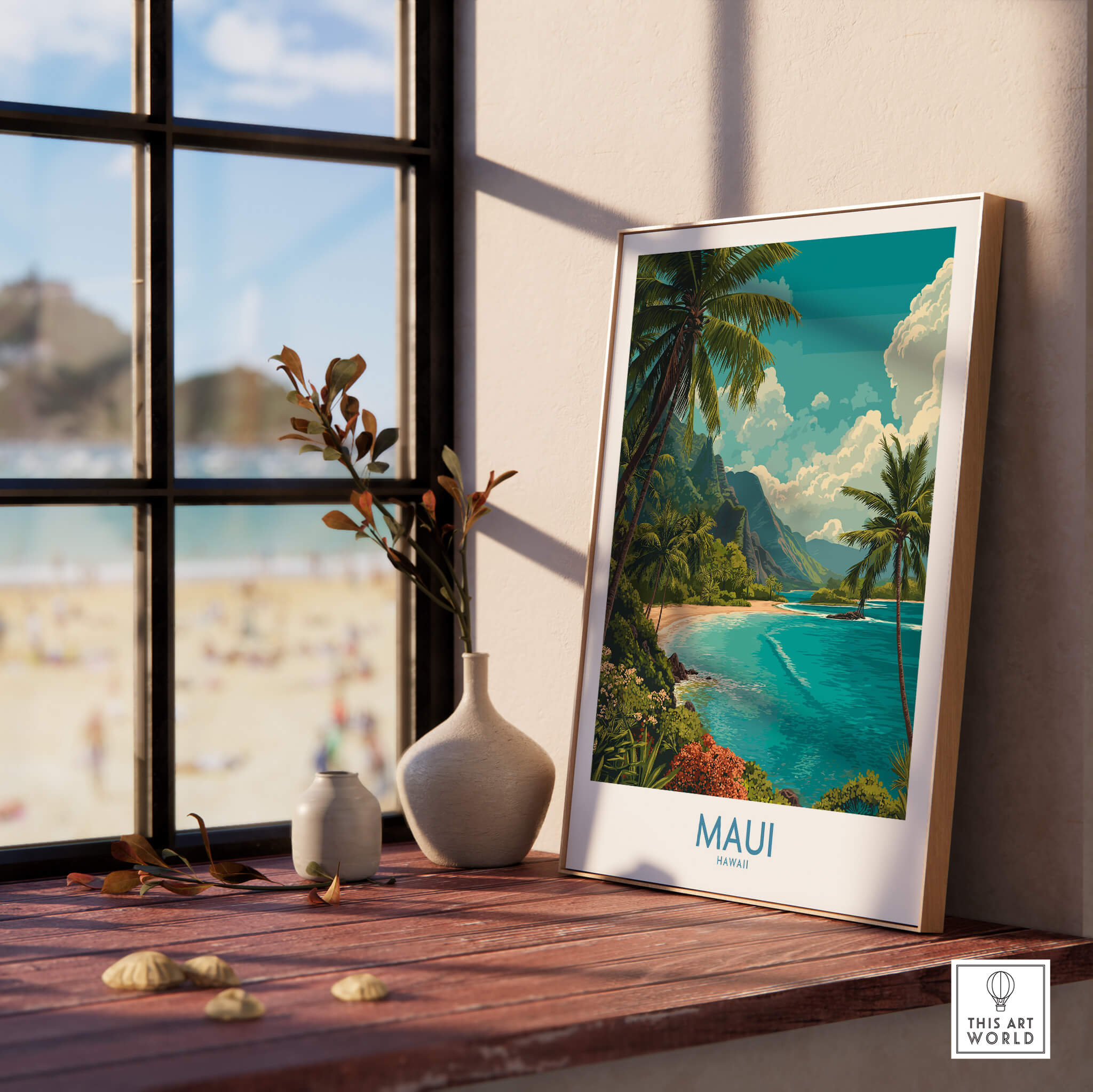 Maui Hawaii Poster | Exotic Island Paradise Shoreline Canvas Print displayed on a wooden table near a sunny beach view.
