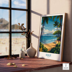 Maui Canvas Print | Hawaii Tropical Palm Trees & Waves Poster displayed in a sunlit room with a beach view.