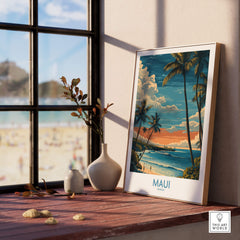 Maui Hawaii Poster | Tropical Twilight Shoreline Canvas Print displayed in a cozy interior by a window.