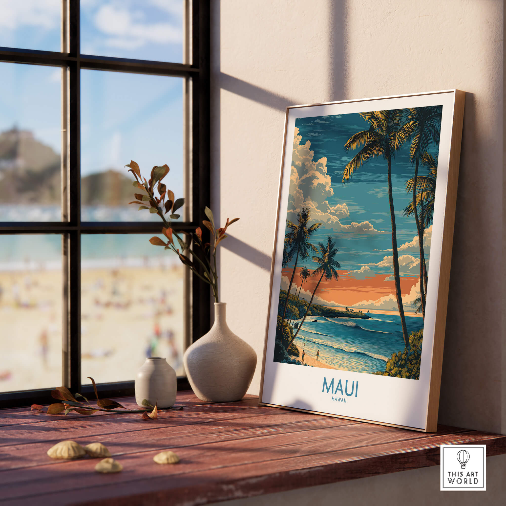 Maui Hawaii Poster | Tropical Twilight Shoreline Canvas Print displayed in a cozy interior by a window.