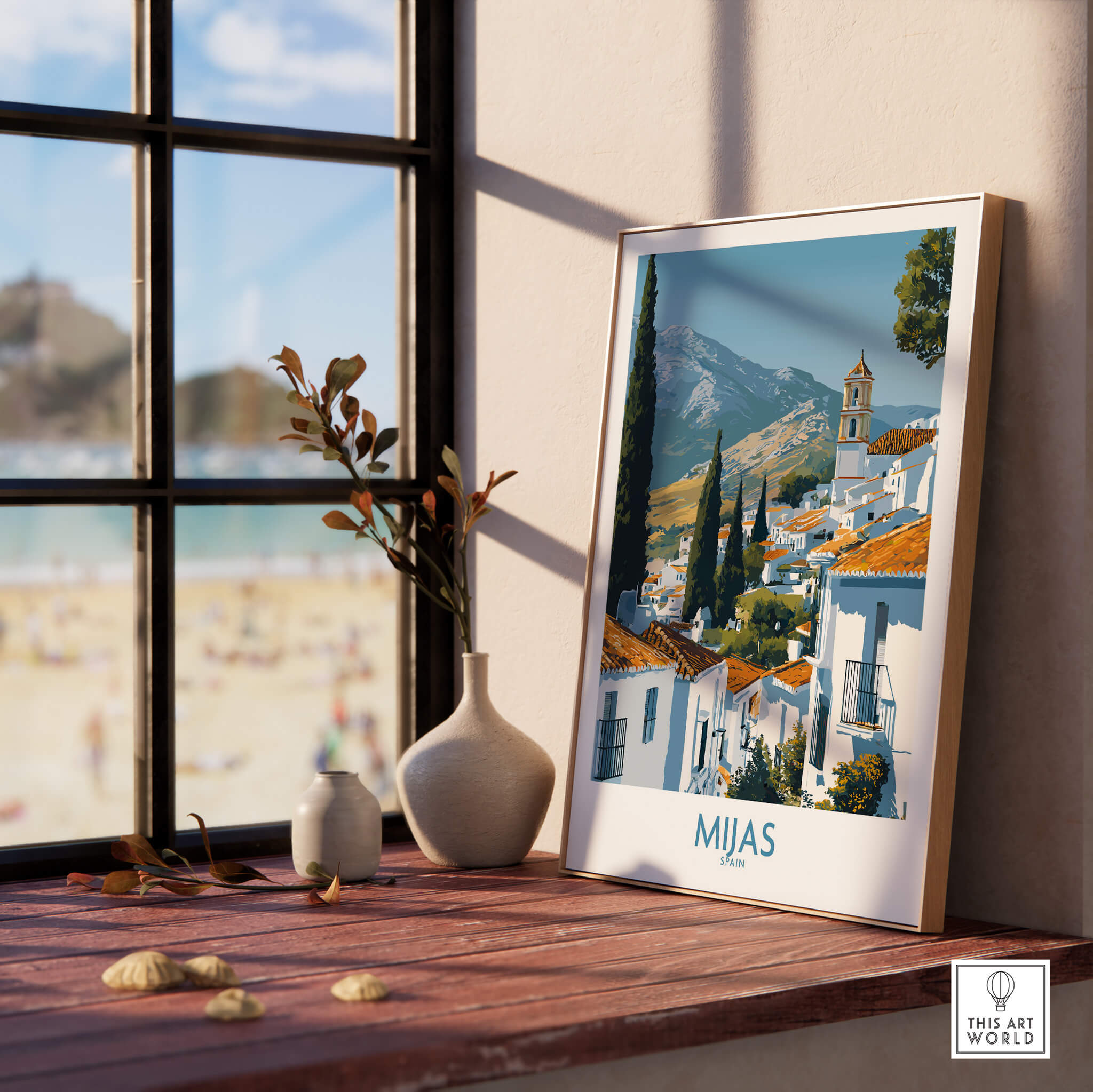 Mijas Spain Poster | Scenic Mountain Town Landscape Canvas Print displayed by a sunny window with beach views.