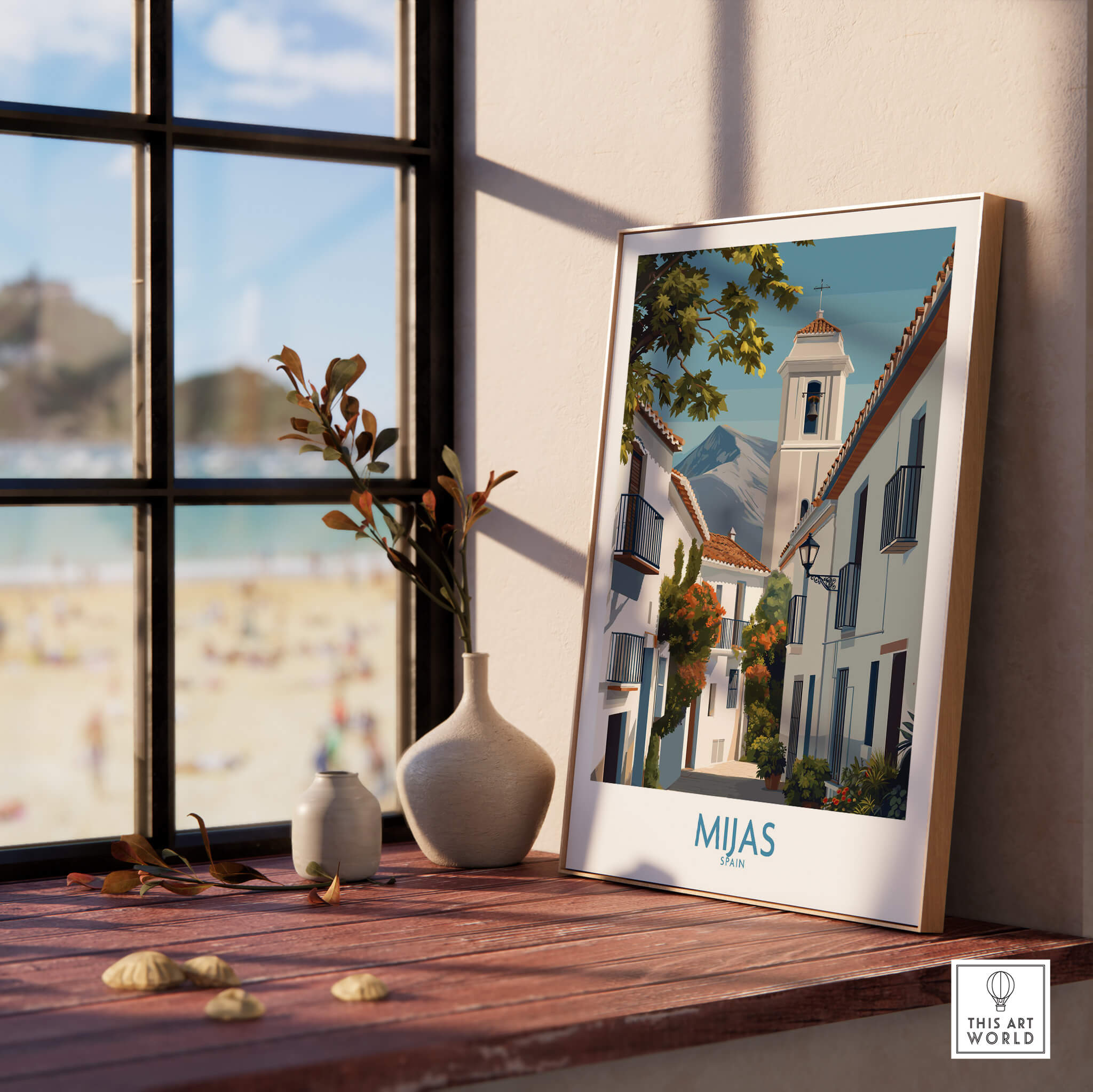 Mijas Spain Canvas Print | Historic Spanish Village Scene Poster showcasing traditional architecture and serene coastal view.