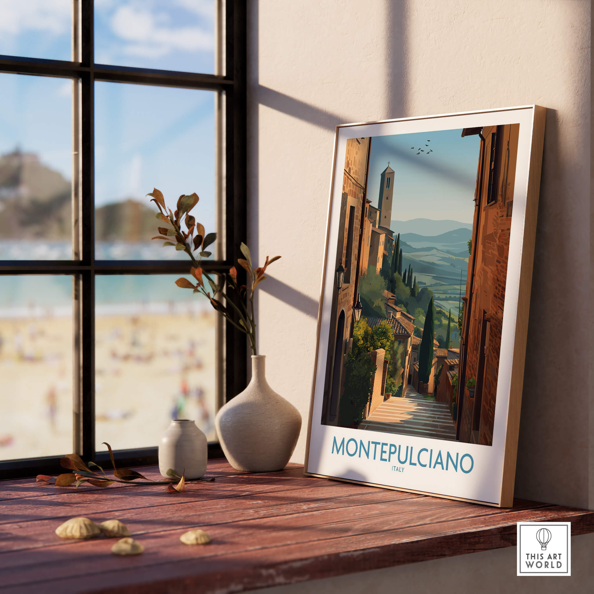 Montepulciano Italy Poster | Tuscany Landscape Vineyard Canvas Print displayed on a wooden table beside a window.