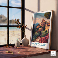 Montepulciano Italy Canvas Print | Italian Sunset Landscape Poster displayed near a window with beach view.