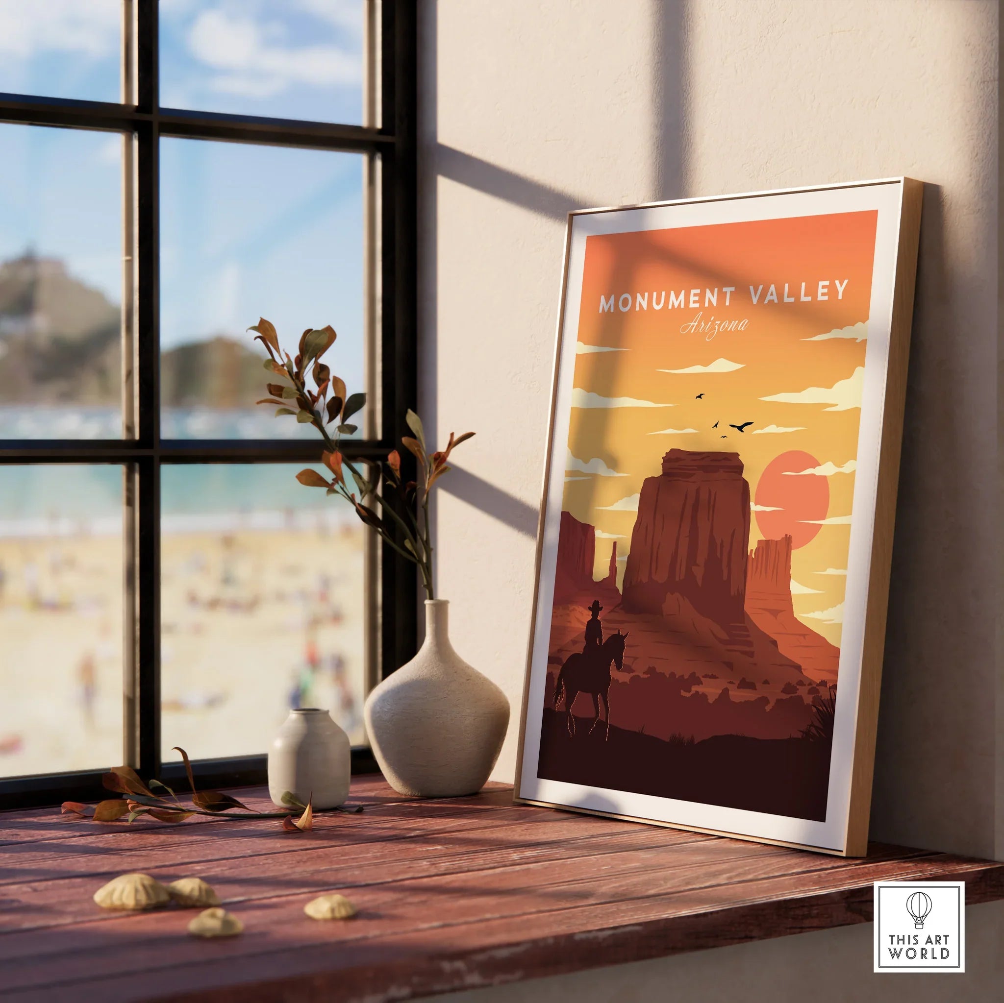 Framed Monument Valley Arizona poster on window sill, southwestern landscape wall art