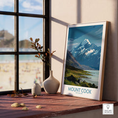 Mount Cook New Zealand Poster | Southern Alps Mountain Canvas Print displayed indoors next to a window.