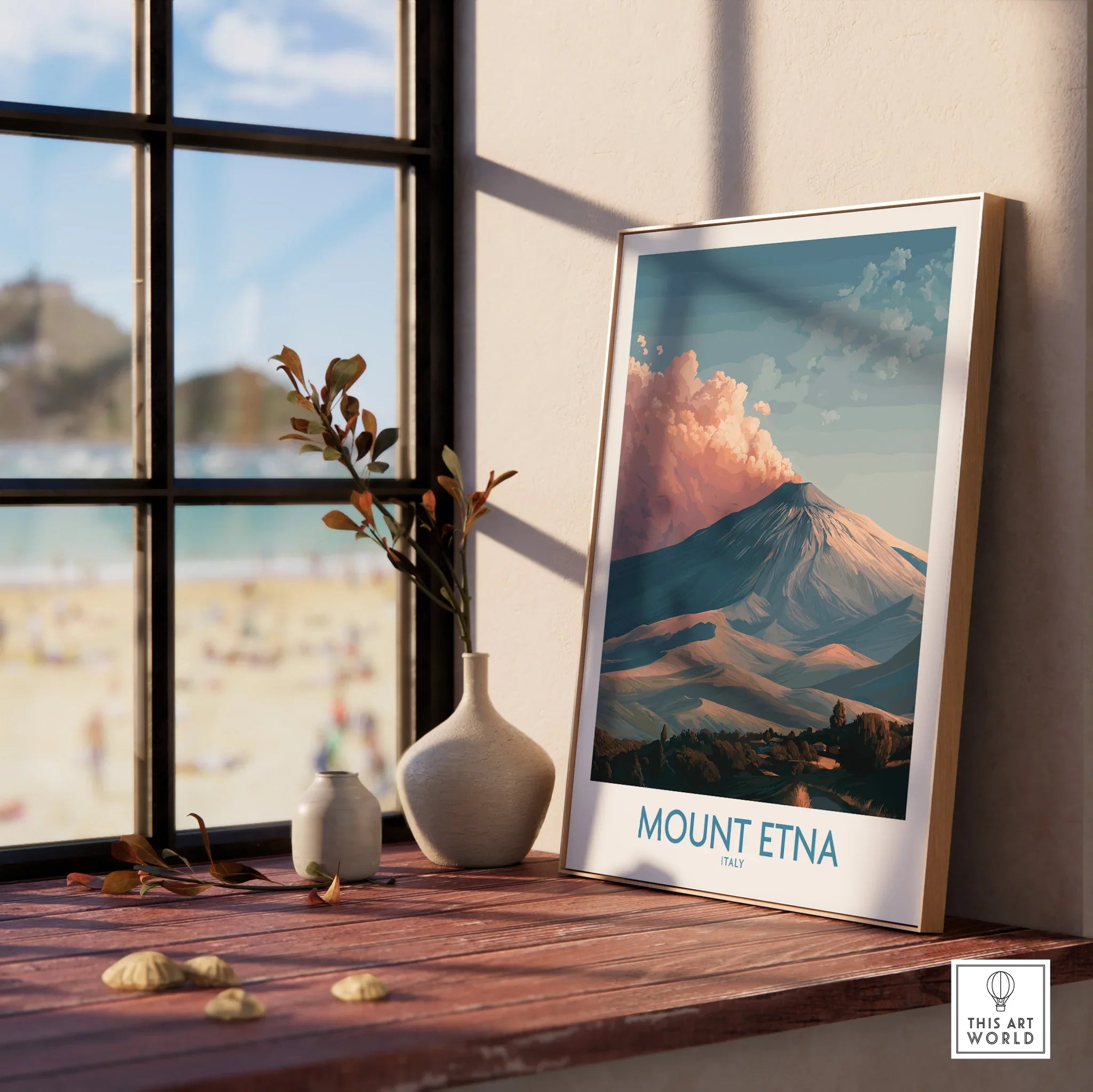 Framed Mount Etna travel poster on a windowsill with vases and scenic outdoor view