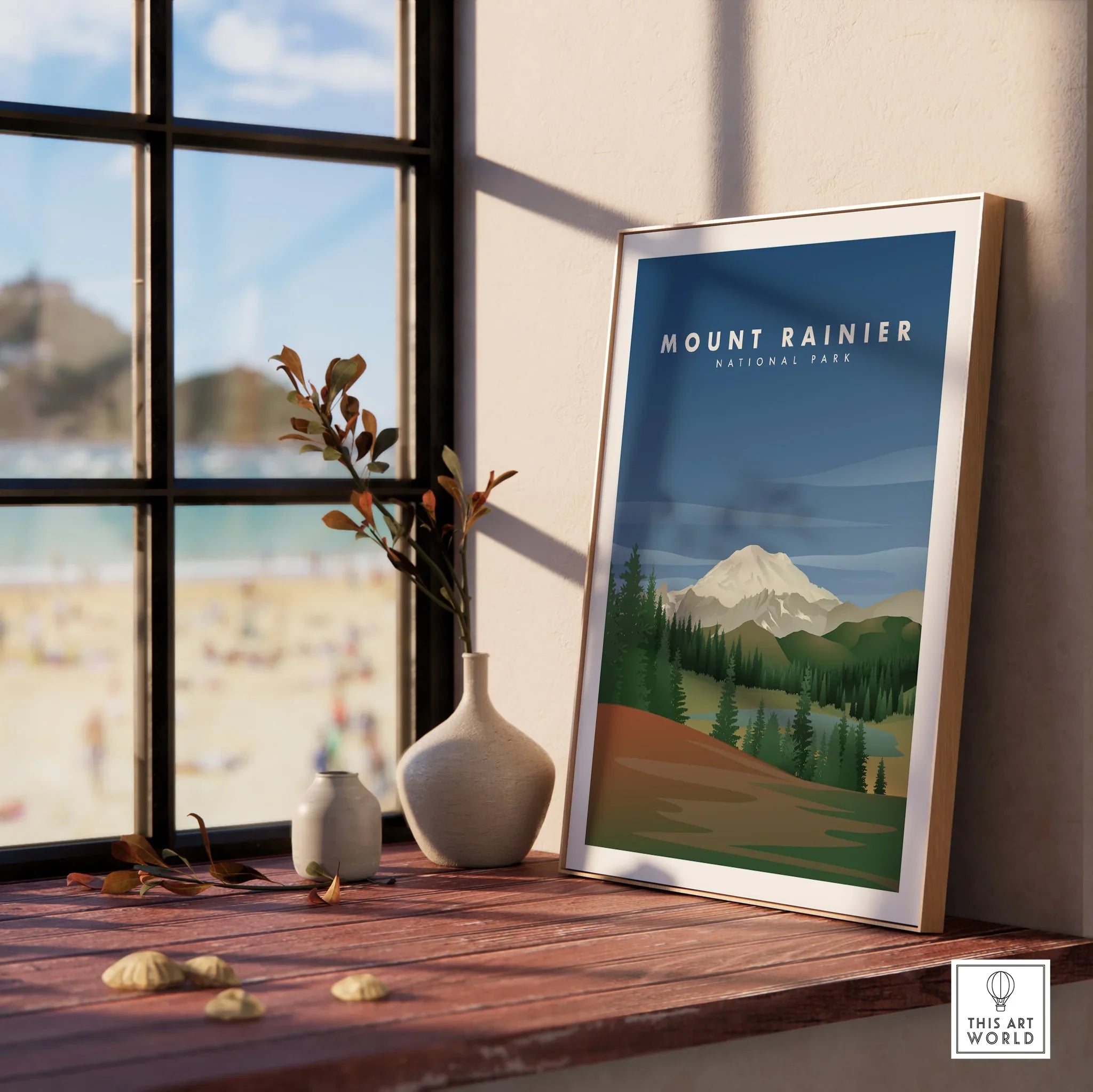 Framed Mount Rainier National Park travel poster on rustic windowsill with vases, sunlight