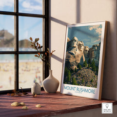 Mount Rushmore Poster | Black Hills National Memorial Canvas Print on a wooden shelf with a scenic beach view.