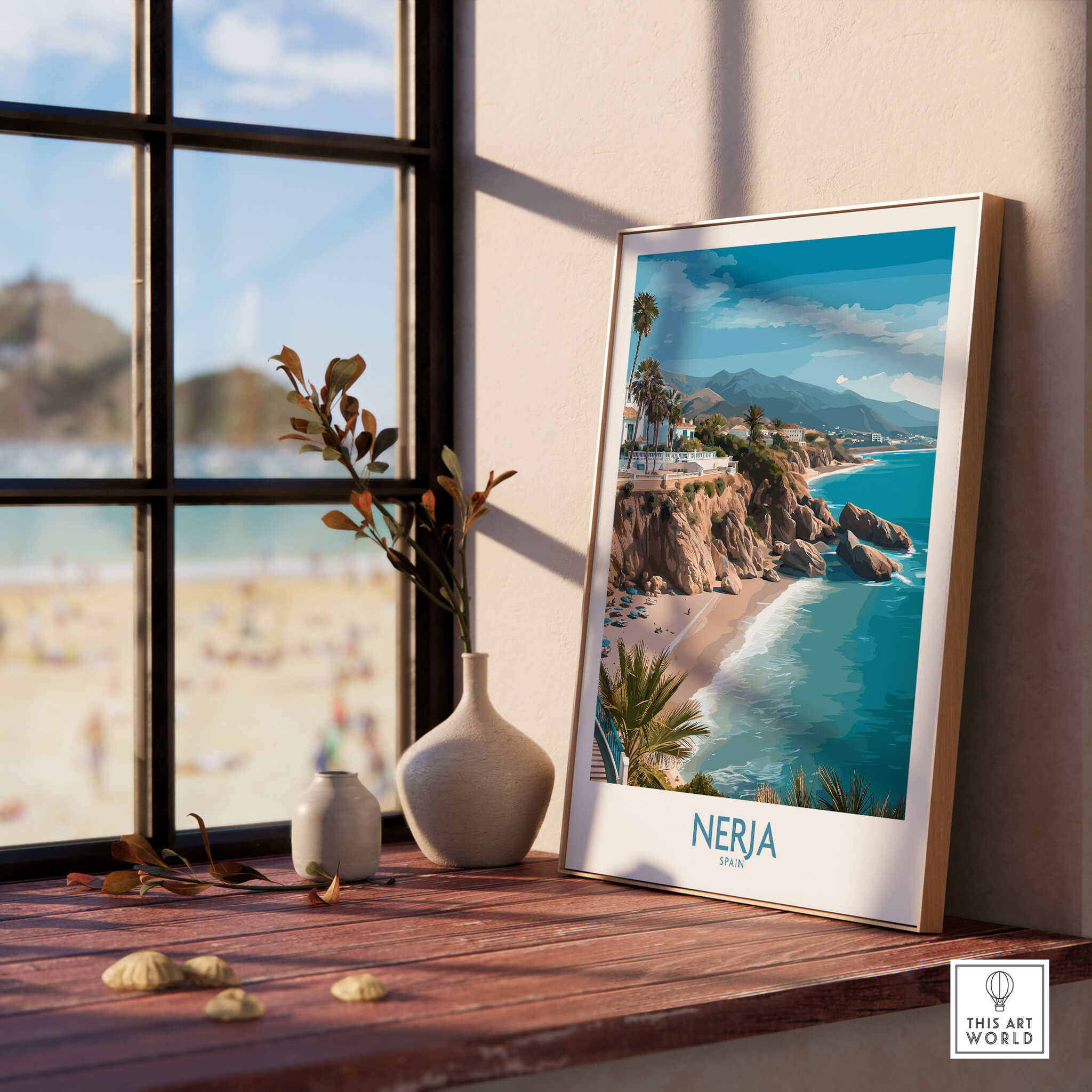 Nerja Spain Poster | Mediterranean Beach Landscape Canvas Print displayed by a sunny window with a beach view.