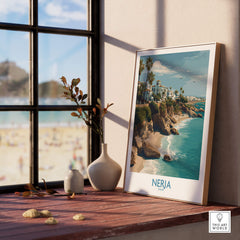 Nerja Spain Poster | Spanish Village Canvas Print displayed in a bright indoor setting beside a window.