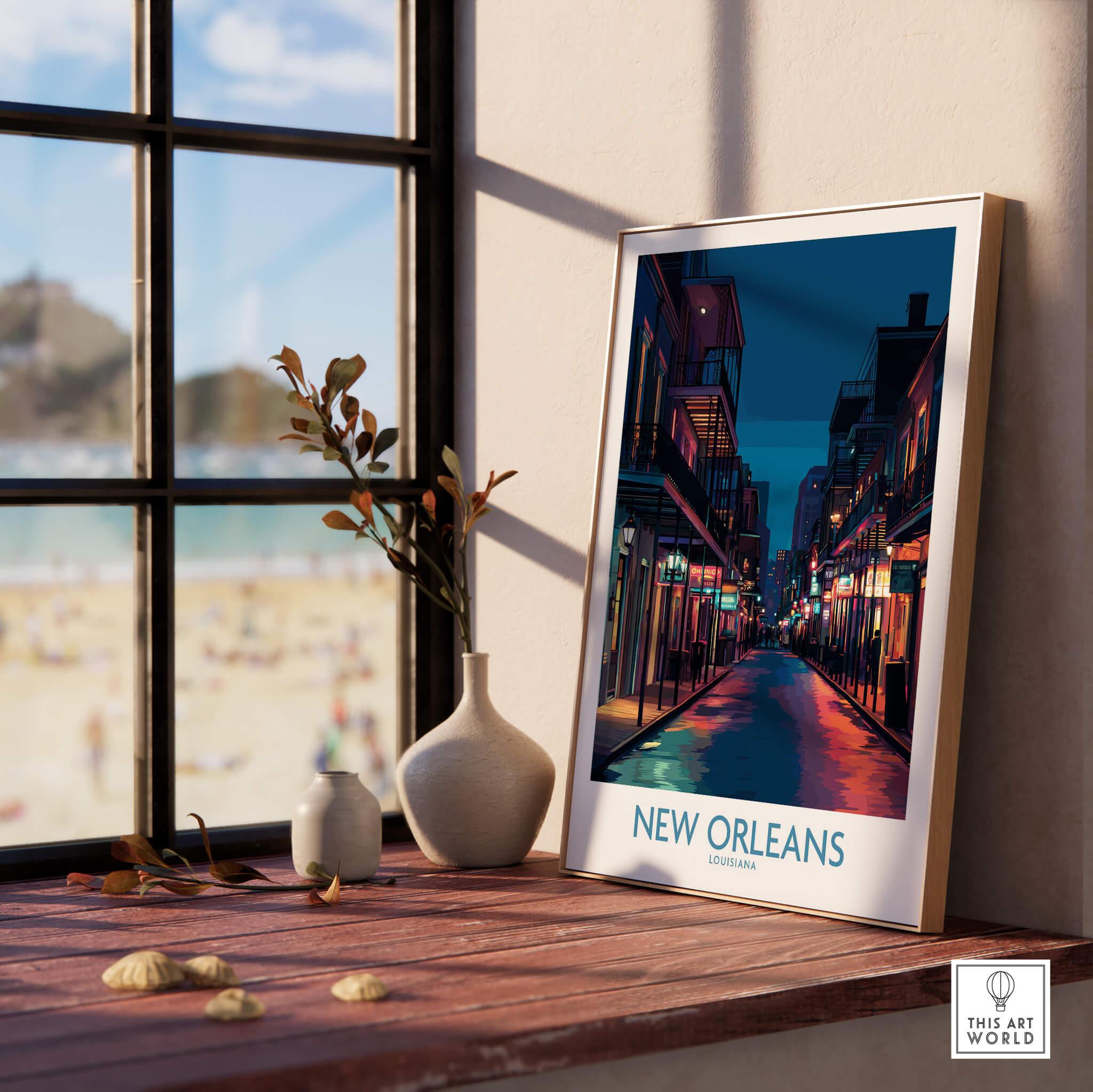 New Orleans Canvas Print | French Quarter Cityscape Poster displayed on a table by a window.
