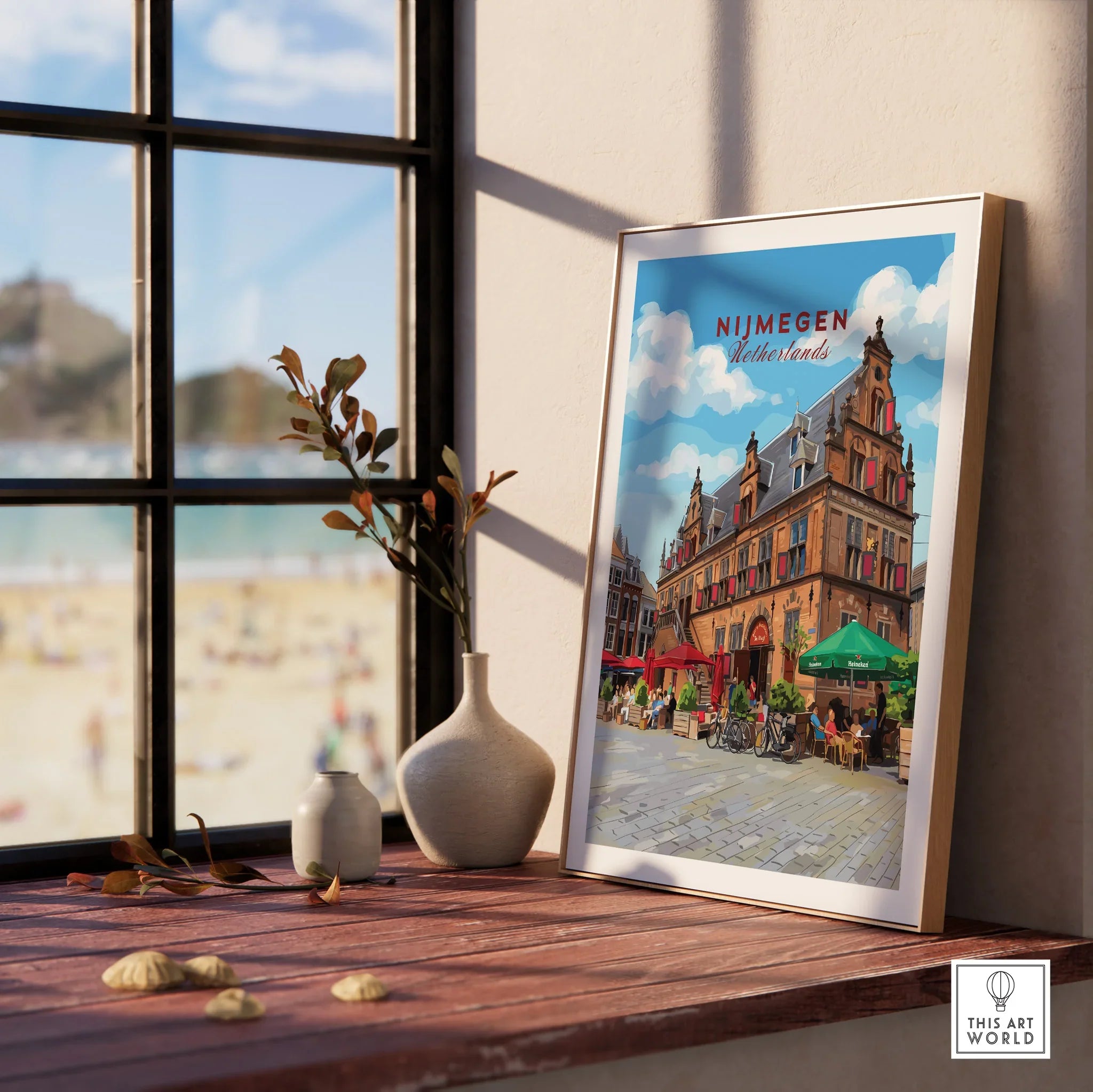 Framed Nijmegen Netherlands travel poster on windowsill with vases, city wall art decor