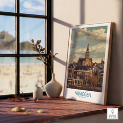 Nijmegen city skyline wall art in natural wood frame on sunny windowsill, home decor