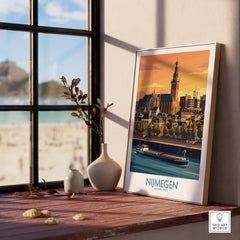 Framed Nijmegen city skyline art print with river view on window ledge, natural wood frame