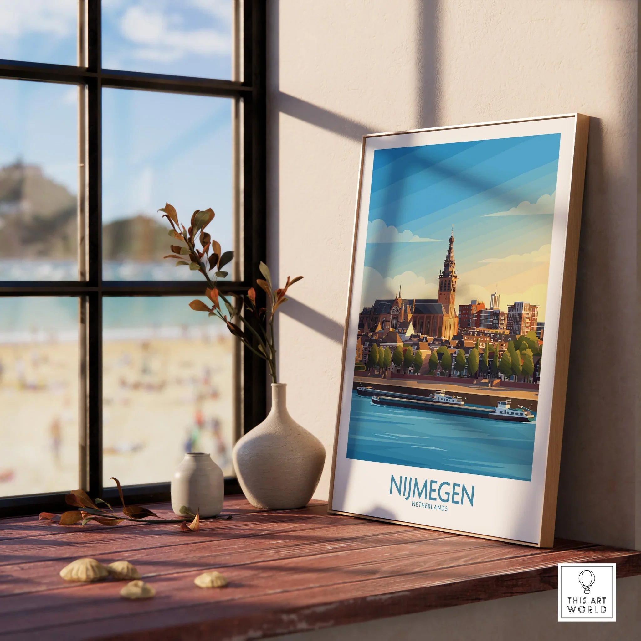 Nijmegen Netherlands travel poster in natural wood frame on sunny window ledge with vases