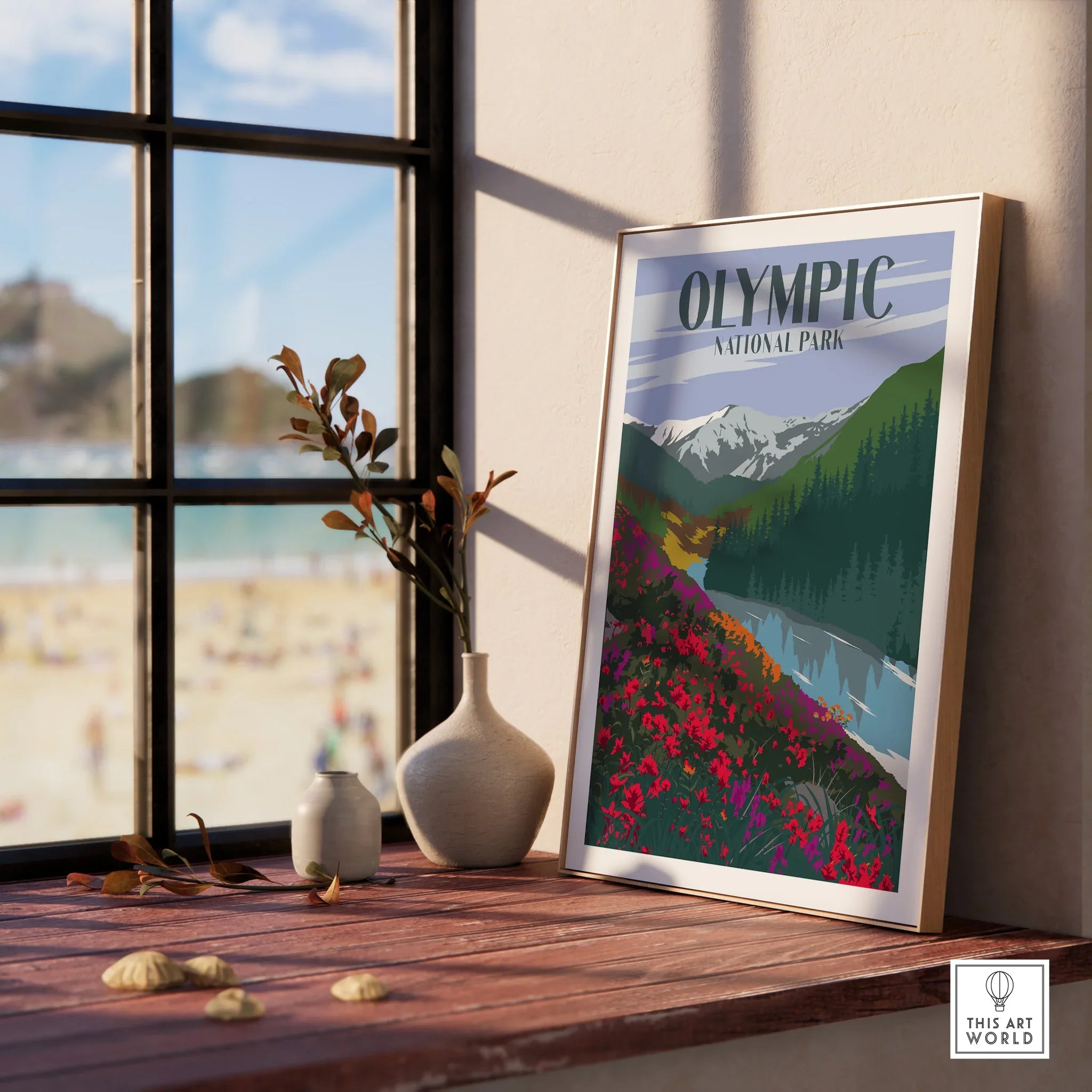 Olympic National Park wall art print in natural wood frame on sunny windowsill