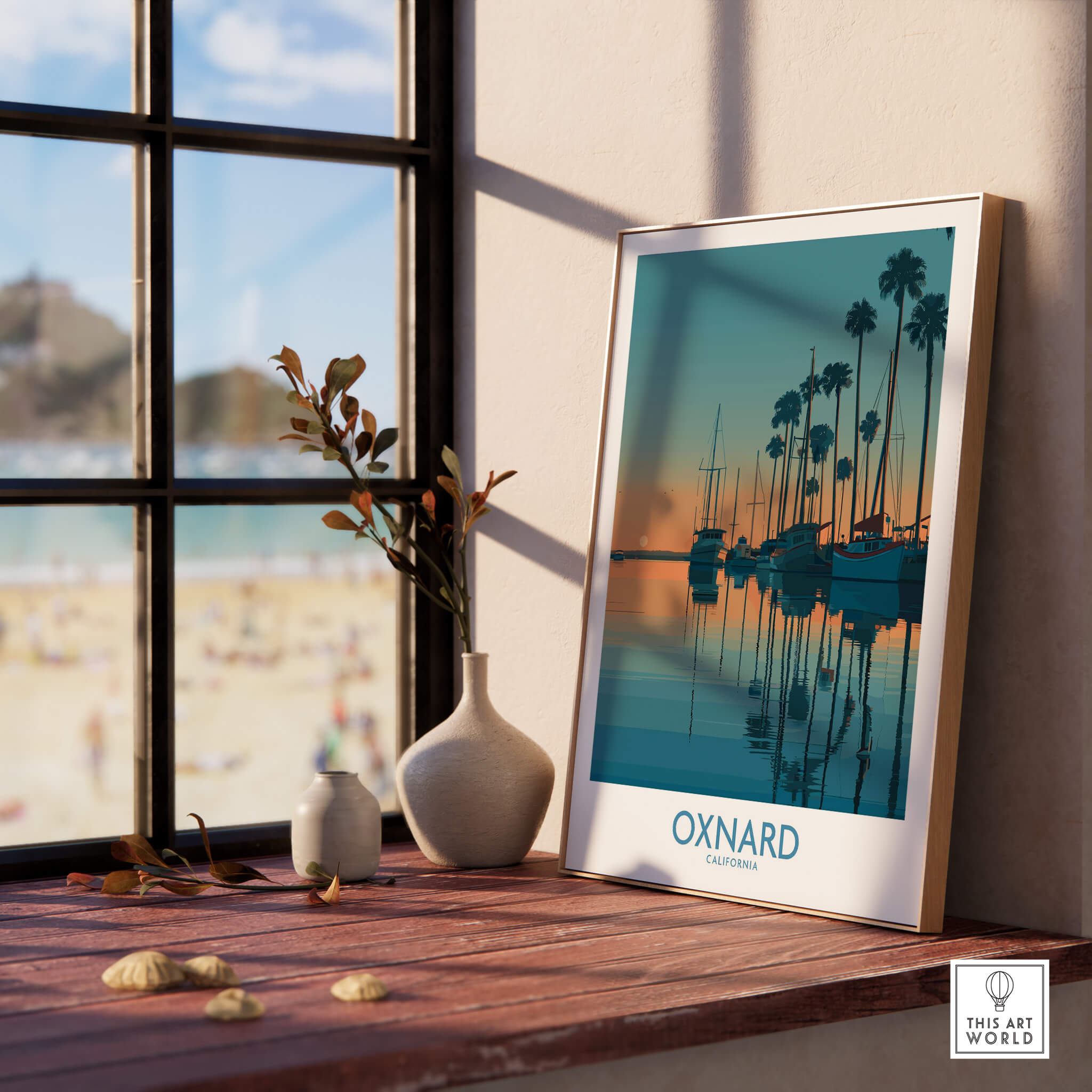 Oxnard California Poster | Scenic Pacific Marina Canvas Print displayed on a sunny windowsill with a beach view.