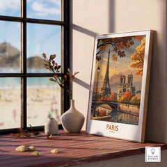 Paris France Autumn Seine River Art Print | Eiffel Tower and Notre Dame Poster displayed in a sunny interior with a window view.